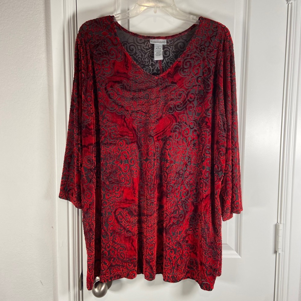 Catherine's 1X Red Burnout Velvet Tunic Top Plus Size 18/20W Long Sleeve